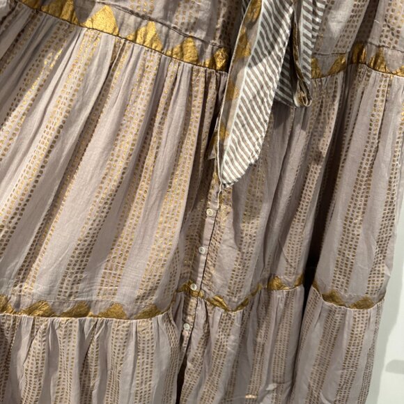 Oliphant Grey and Gold Flutter Sleeve  Belted Dress - Picture 9 of 14